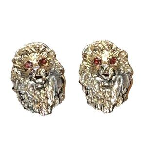 Vintage Signed Swoboda Lion Head Earrings Gold Tone Red Eyes Figural